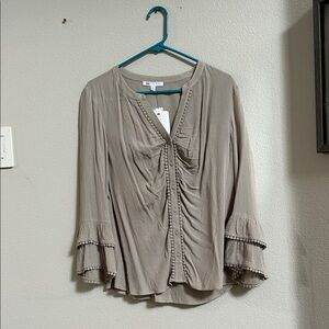 NWT-DR2 Grey Ruched Blouse with Flared Sleeves
